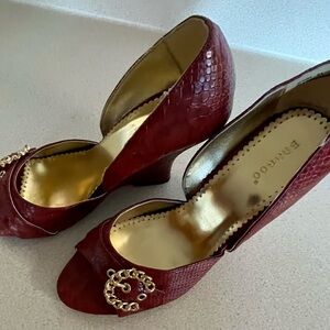 BAMBOO Burgundy Peep-Toe Heels with Gold Accents